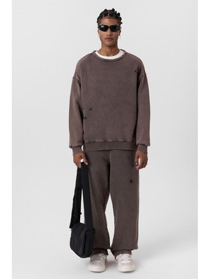 Premıum Yıkamalı Yırtık Detaylı Oversize Eşofman Takım Kahve