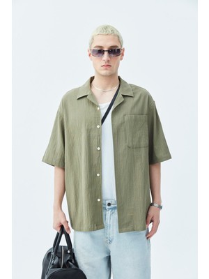 Cep Detaylı Kısa Kol Oversize Keten Gömlek Haki
