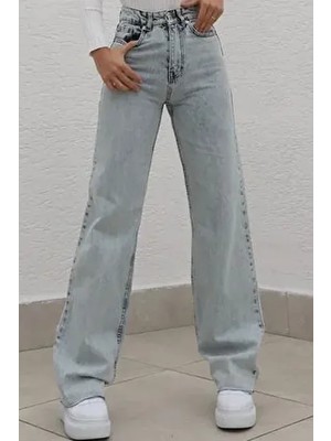Lara Power Likralı Kadın Açık Mavi Kar Yıkama Yüksek Bel Salaş Paça Denim Kot Pantolon LVK-001040A