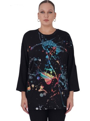 Kadın Büyük Beden Siyah Salaş Oversize Uzun Kollu Tunik Bluz