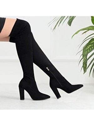 Kadın Siyah Çorap Çizme 10 cm Topuklu Diz Üstü Sivri Burun Esnek ve Süet Streç Çizme