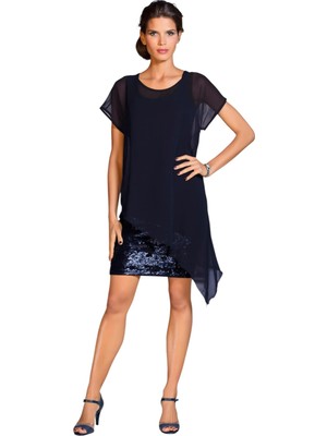 Kadın Eteği Pullu Üstü Şal Şifon Yakalı Şık Büyük Beden Yarım Kol Gece Abiye Elbise