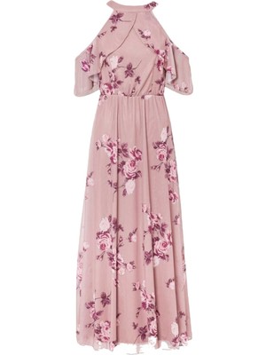 Kadın Tül Detaylı Omzu Açık Şık Rahat Kalıp Büyük Beden Curve Abiye Elbise