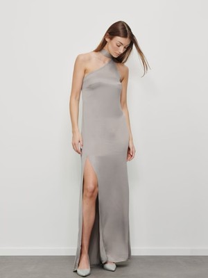 Kadın Boyundan Bağlamalı Vücudu Saran Maxi Sırtı Açık Saten Kolsuz Şık Yazlık Abiye Gece Elbise