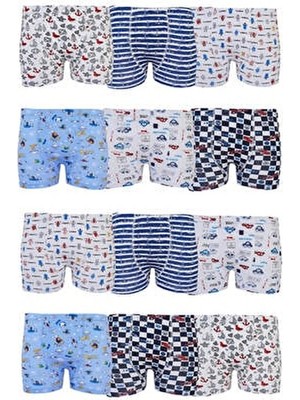 12LI Tutku Erkek Çocuk Renkli Desenli Boxer Pamuklu İç Çamaşırı Rahat ve Şık