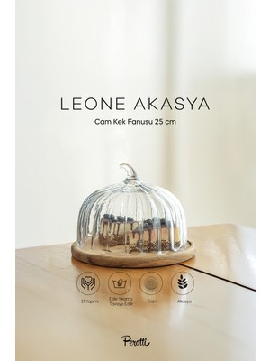 Leone Bal Kabağı Akasya Tabanlı Cam Kek Fanusu 25 cm Orta Boy