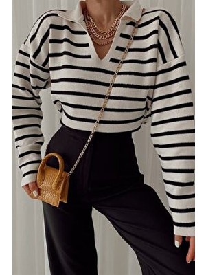 My Love Butik Polo Yaka Çizgili Triko Kazak Krem Kadın Casual Stil Uzun Kol Regular Kesim