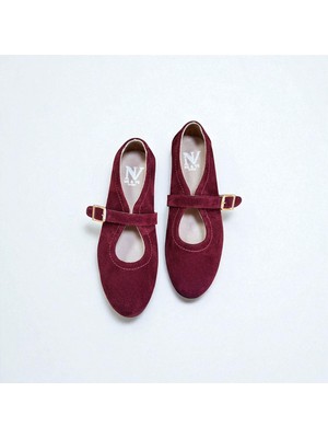 Bordo Süet Hakiki Deri Tokalı Kadın Babet