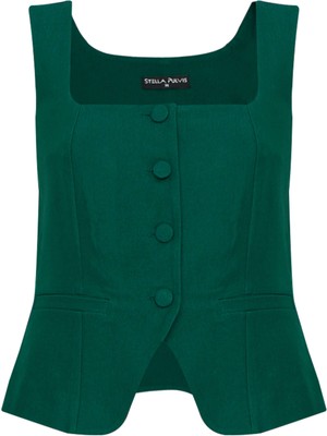 Yeşil Astarsız Kare Yaka Yelek