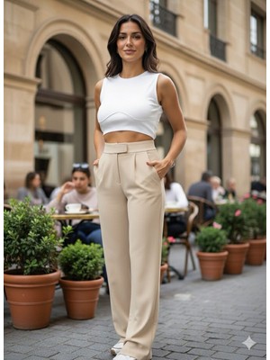 Marina Trend Kadın Siyah Bol Paça Bel Çırt Kapamalı Yüksek Bel Cepli Palazzo Pantolon