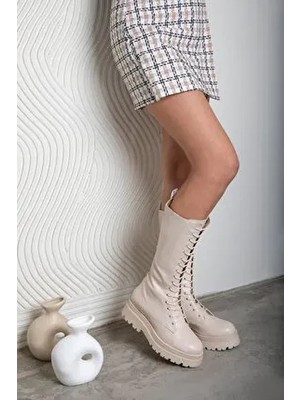 Straswans Wayne Kadın Bağcıklı Çizme Bej Suni Deri Düz Topuklu Günlük Kullanım İçin Uygun