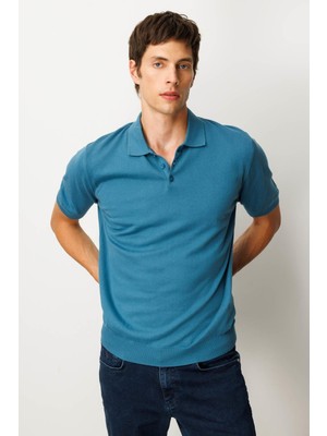 Erkek Polo Yaka %100 Pamuk Kısa Kol Ince Triko Mavi