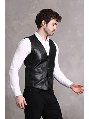 Nyc Giyim Tekstil Nyc Giyim Düğmeli V Yaka Hakiki Deri Yelek Erkekler İçin Şık Siyah Renkli Tasarım