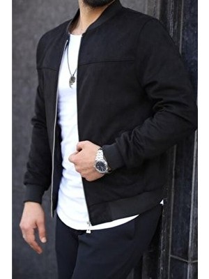 Baselco Erkek Siyah Süet Kolej Ceket Uzun Kol Slim Fit Bomber Yaka Günlük Stil Dokuma Kumaş