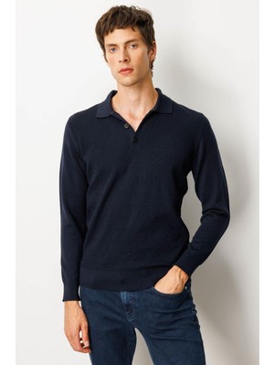 Erkek Polo Yaka Önü Baklavalı Triko Kazak K.lacivert
