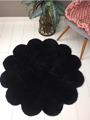 Seria Hali Siyah Papatya Şekilli Peluş Post Halı Yıkanabilir Kaymaz Taban Pufy Halı