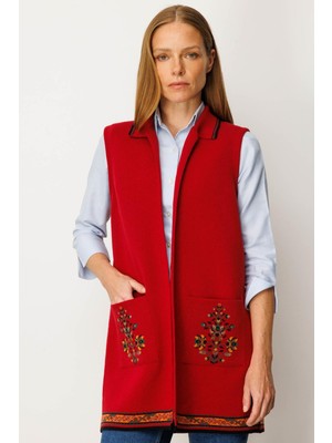 Kadın Polo Yaka Etek Ucu Kilim Desenli Uzun Yün Yelek K.kırmızı