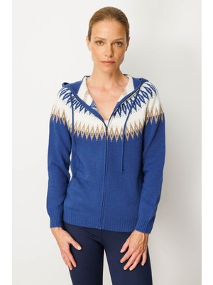 Kadın Kapüşonlu Robası Baklavalı Hırka Mavi