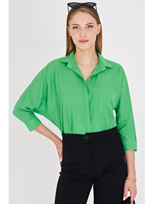 Kadın Yeşil Cepli Salaş Keten Gömlek ARM-21Y001035