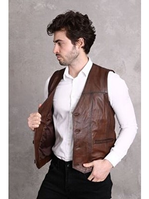 Nyc Giyim Tekstil Erkekler İçin Nyc Giyim Kahverengi Hakiki Deri Yelek Düğmeli V Yaka Slim Fit Tasarım