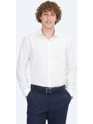 Beyaz Regular Fit Dokuma Klasik %100 Pamuk Gömlek