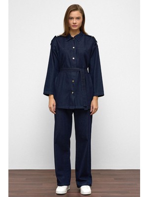 OLCAY Apolet Detaylı Tunik Pantolon Takım  Pamuk Koyu Mavi 9381-TK