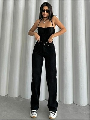 Rose Extra Yüksek A.c.a.i.p S.imsiyah Salaş Jeans Palazzo Pantolon (Süper Yüksek )