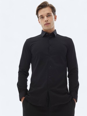 Siyah Düz Regular Fit Dokuma Casual %100 Pamuk Gömlek