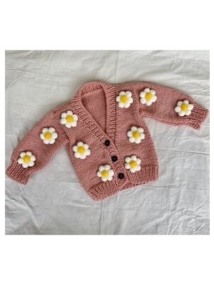 Hobihanem Tuhafiye Pembe El Örgüsü Papatyalı Bebek Hırka Uzun Kol Dokuma Kumaş Çiçek Deseniyle