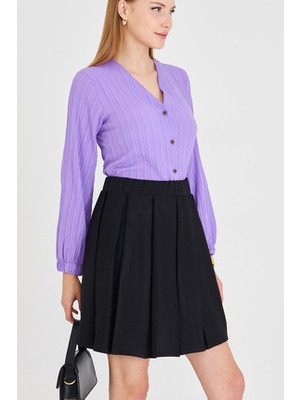 Armonika Kadın Siyah Kısa Kloş Etek ARM-22K001013 Dokuma Kumaş Regular Kalıp Maxi Boy