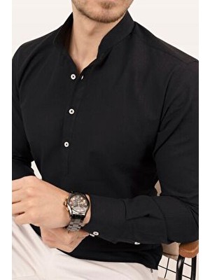 Siyah Hakim Yaka Keten Üç Düğmeli Erkek Gömlek