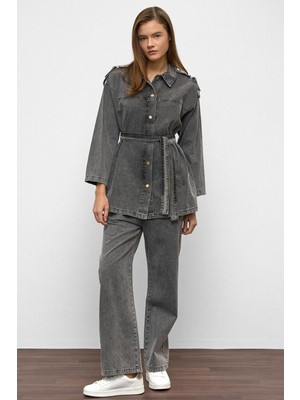 Apolet Detaylı Tunik Pantolon Denim Takım Antrasit 9381-TK