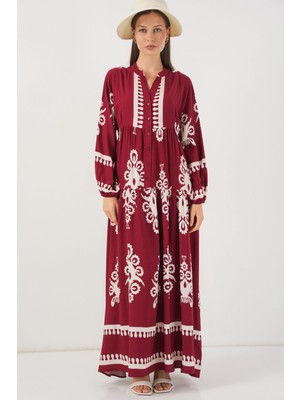 Hiccup Kadın BDART Düğmeli V-Yaka Desenli Maxi Elbise Leylak Moru