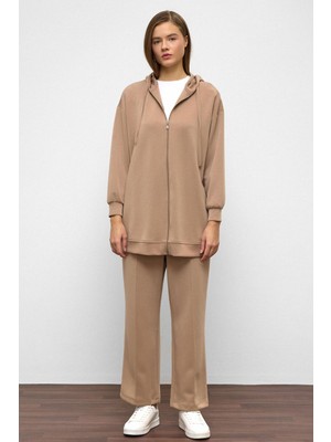 Kapüşonlu Fermuarlı Taş Bezeli Premium Kumaş Sweat Pantolon Takım Kamel 9371-TK