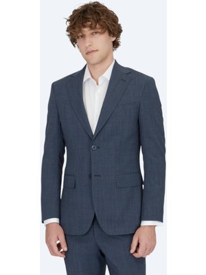 Lacivert Desenli Modern Fit Yün Karışımlı Takım Elbise