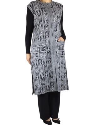 Önü Fermuarlı Desenli Cepli Kalın Kışlık Yelek