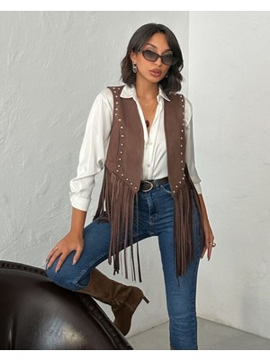 Taş Baskı Detaylı Püsküllü Süet Yelek