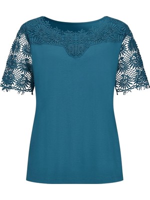 Kadın Bisiklet Yaka Dantel Yarım Kol Spor Şık Büyük Beden Curve Pamuk Bluz