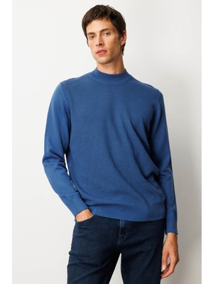 Erkek Yarım Balıkçı Yaka Önü Baklavalı Triko Kazak H.mavi