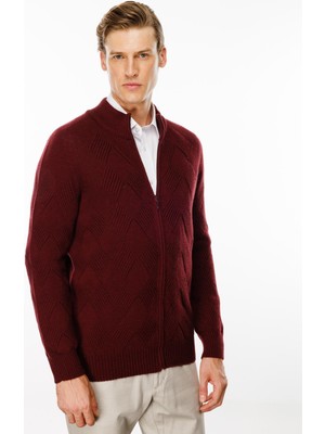 Erkek Dik Yaka Baklava Desenli Yün Ceket Bordo