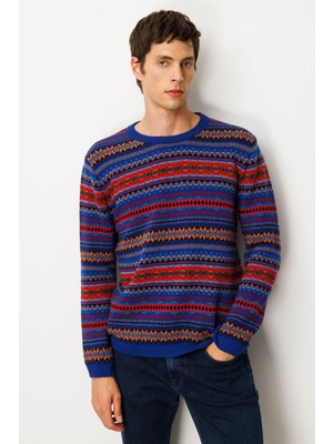 Erkek Sıfır Yaka Jakarlı Yün Kazak K.s.mavi