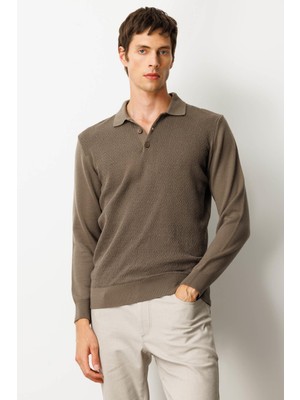 Erkek Polo Yaka Önü Baklavalı Triko Kazak Vizon