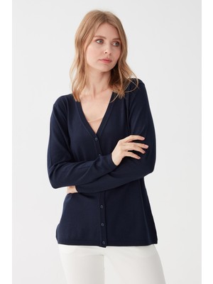 Desen Triko Kadın Likralı Basic Uzun Kollu V Yaka Hırka Koyu Lacivert