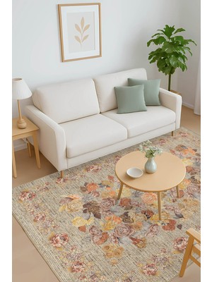 Florart Bej / Sarı Vintage Dokulu Çiçek Desenli Dokuma Tabanlı Şönil Halı Al 471