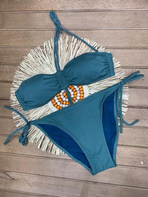 Kadın Likralı Esnek Boyundan Bağlamalı Ipli Straplez Şık Kaliteli Büzgü Ayarlı Bikini Takım