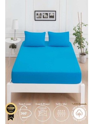 Mirava Premium %100 Pamuk Penye Lastikli Çift Kişilik Çarşaf Takımı (2 Yastık Kılıfı Dahil) Turkuaz 180X200CM