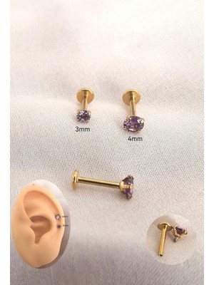Bylin %100 316 L Cerrahi Çelik Mor Tek Taş Dudak/kulak Piercing Takısı (Bar Uzunluğu 6mm) -2 Adet Fiyatıdır