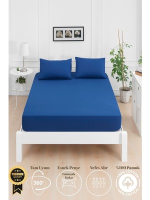 Mirava Premium %100 Pamuk Penye Lastikli Çift Kişilik Çarşaf Takımı (2 Yastık Kılıfı Dahil) Lacivert 180X200CM