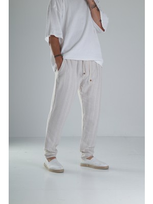 Kahve Çizgili Müslin Keten Baggy Pantolon