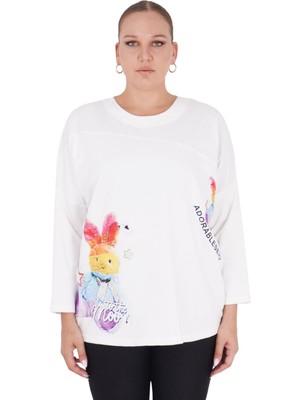 Kadın Büyük Beden Tavşanlı Beyaz Bluz